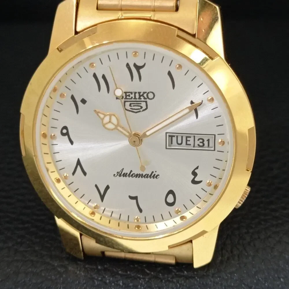 Vintage 1980 Seiko Automatic Mens Gold Watch W/daydate & Arabic accents